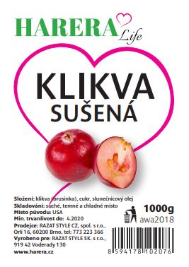 HARERA Klikva sušená proslazená velkoplodá (Brusinka americká) 1000g